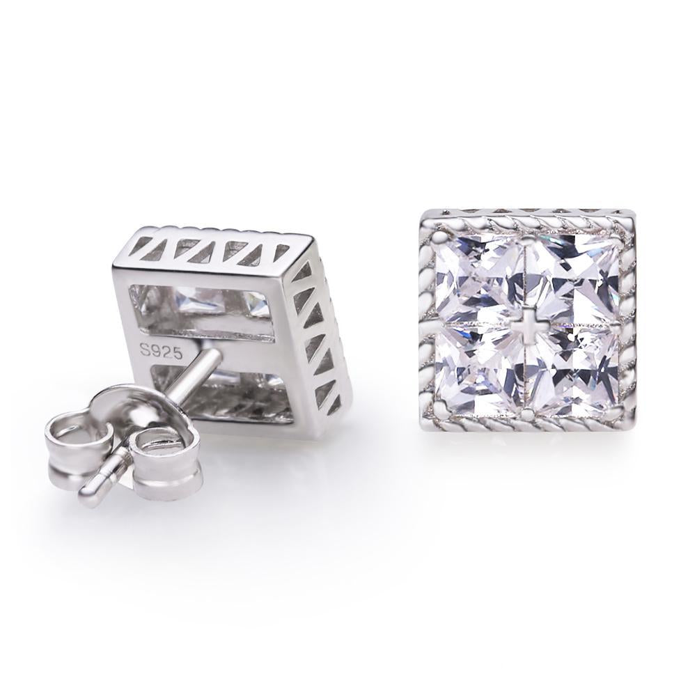 Princess Cut Diamond CZ Square Stud Mens Earrings Earrings White Gold S925