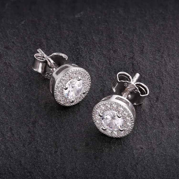 Round Iced 925 Sterling Silver Stud Earrings