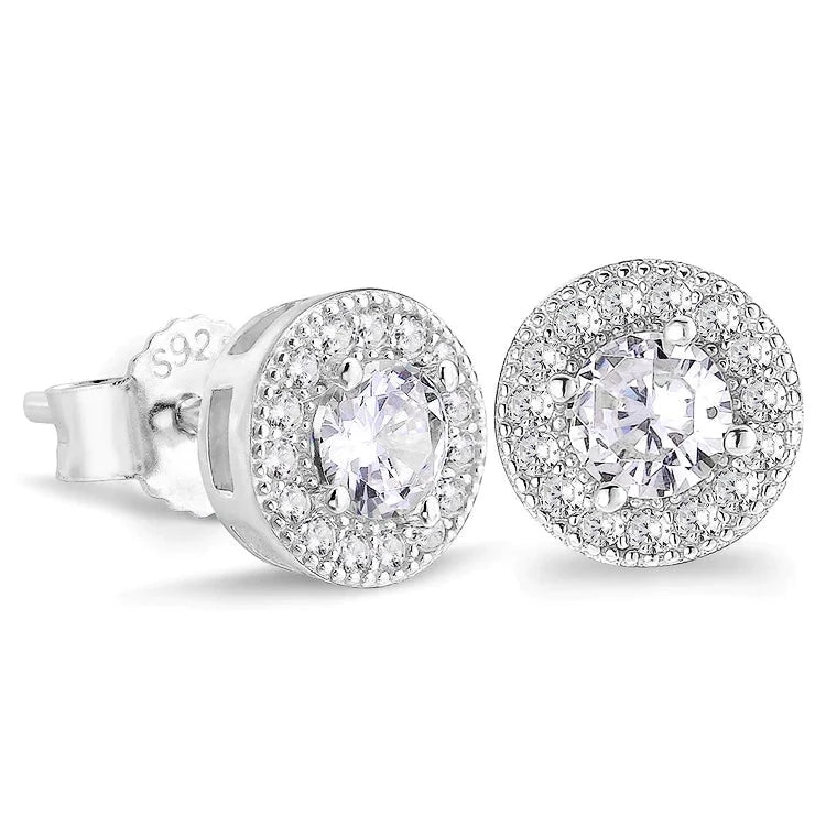 Round Iced 925 Sterling Silver Stud Earrings White Gold S925