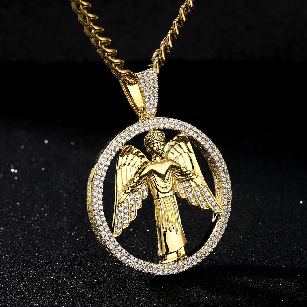 Round Shape Iced Angel Wing Pendant with14K Gold Plated