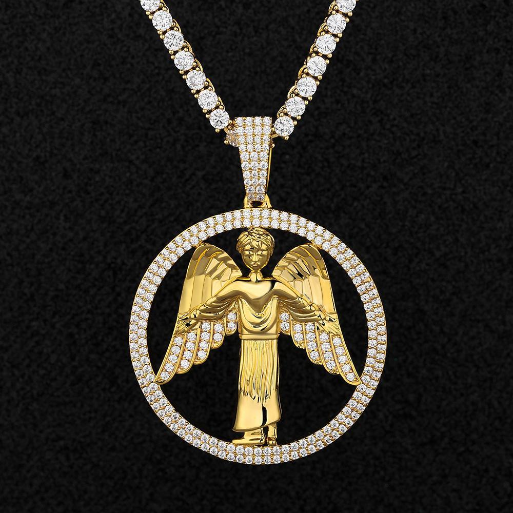 Round Shape Iced Angel Wing Pendant with14K Gold Plated