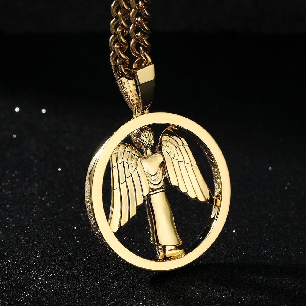 Round Shape Iced Angel Wing Pendant with14K Gold Plated