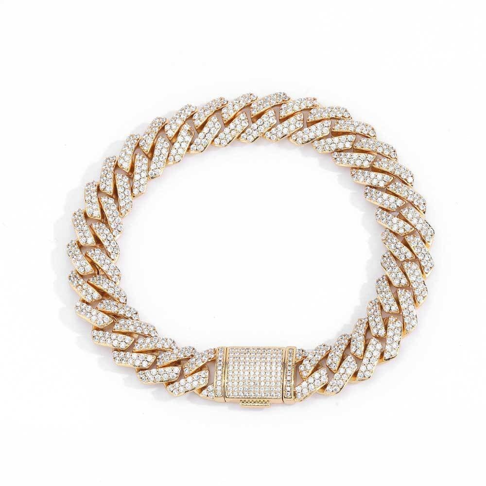 S925 Moissanite Diamond Prong Cuban Link Bracelet in 14K Gold - 12mm Bracelets