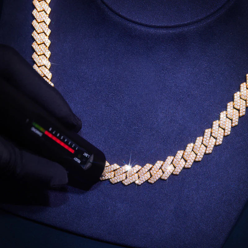 S925 Moissanite Diamond Prong Cuban Link Chain in 14K Gold - 12mm Necklaces