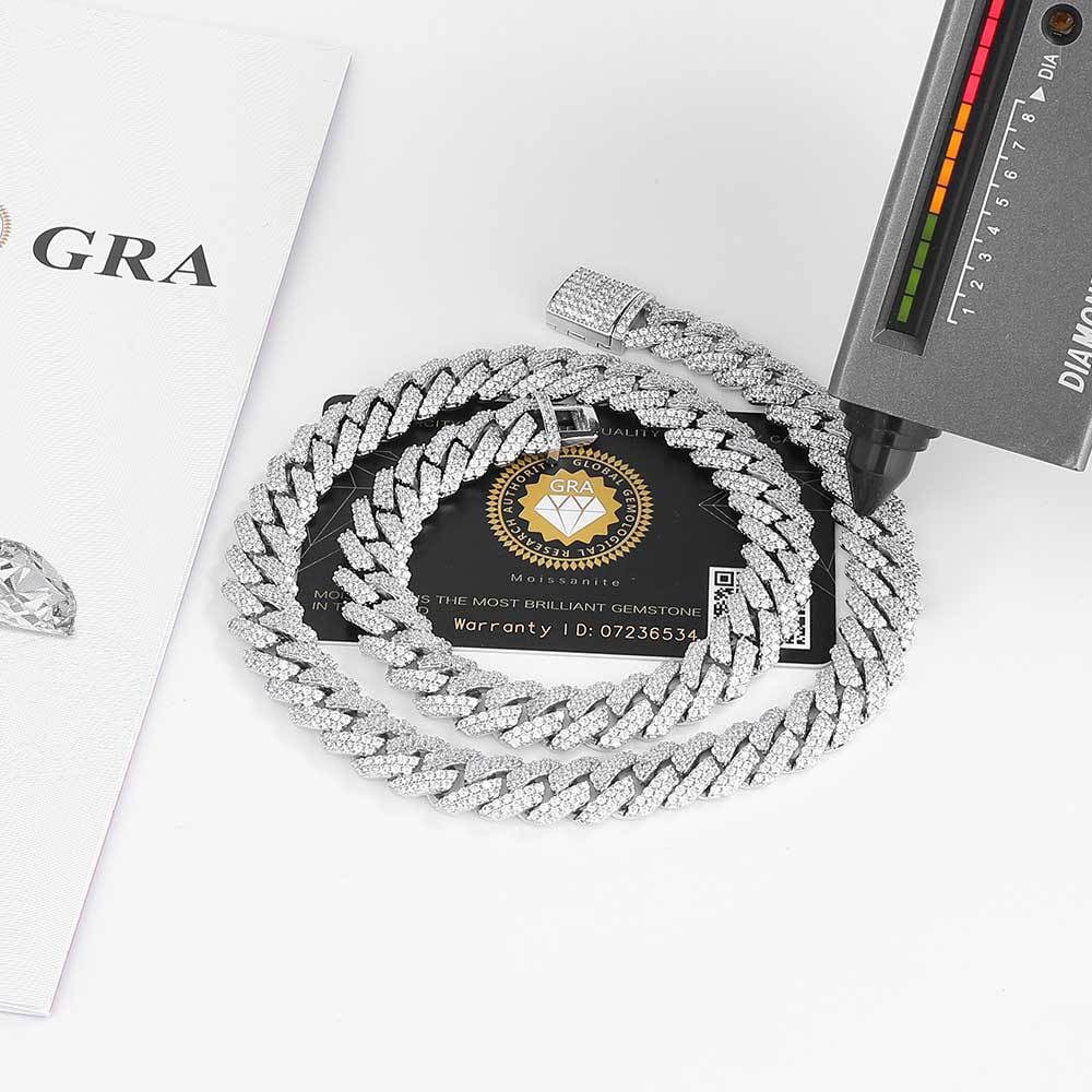 S925 Moissanite Diamond Prong Cuban Link Chain in White Gold - 12mm Necklaces