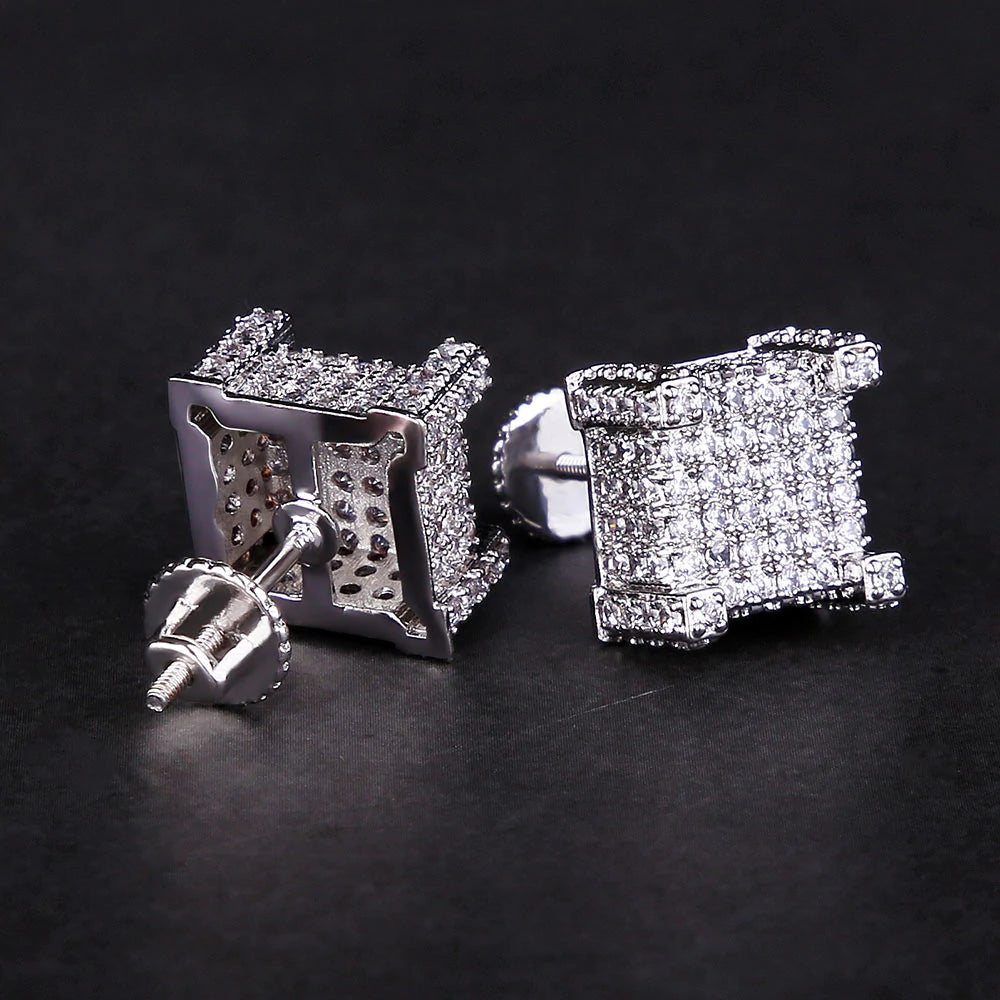 The Courage® - 925 Sterling Silver Iced Square Diamond Stud Earrings for Men Earrings