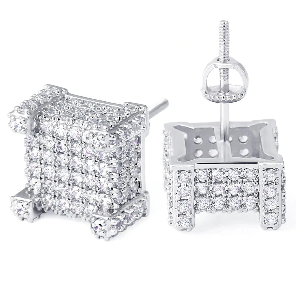 The Courage® - 925 Sterling Silver Iced Square Diamond Stud Earrings for Men Earrings White Gold S925 