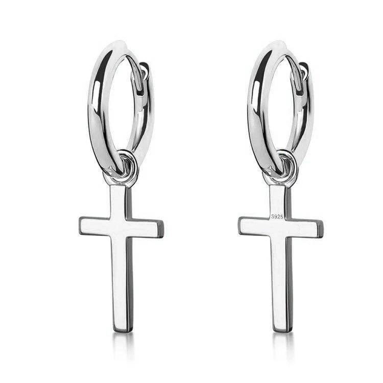 The Faith® - 925 Sterling Silver Hoop Dangle Cross Men's Earrings White Gold S925