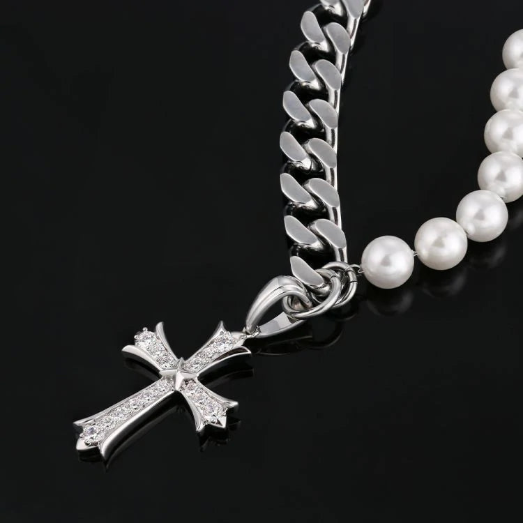 The Faith® - Cuban Link Pearl Necklace in White Gold with Diamond Cross Pendant