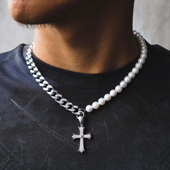 The Faith® - Cuban Link Pearl Necklace in White Gold with Diamond Cross Pendant