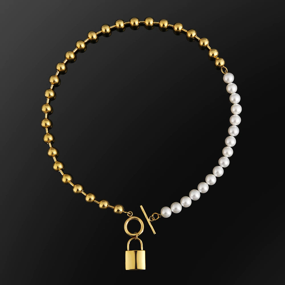 The Foreverness® - Pearl Necklace Bead Chain with Lock Pendant 18" 18K Gold 