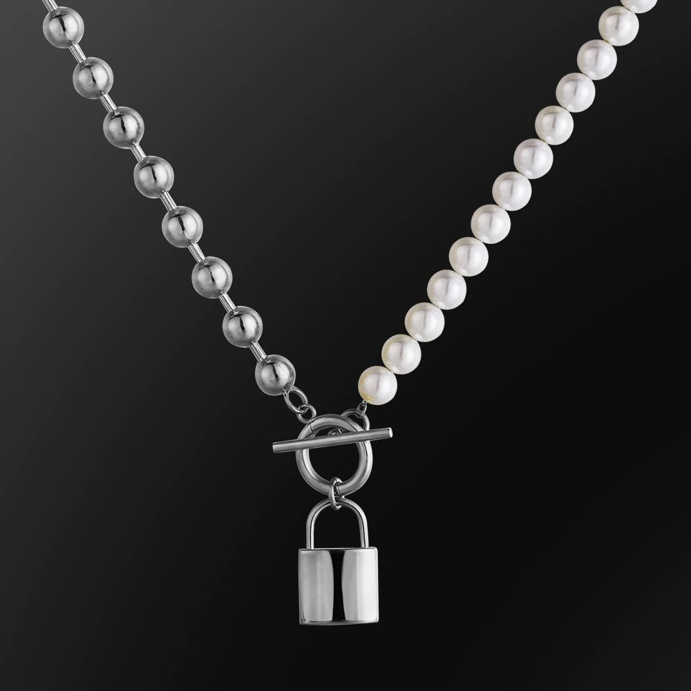 The Foreverness® - Pearl Necklace Bead Chain with Lock Pendant 18" White Gold