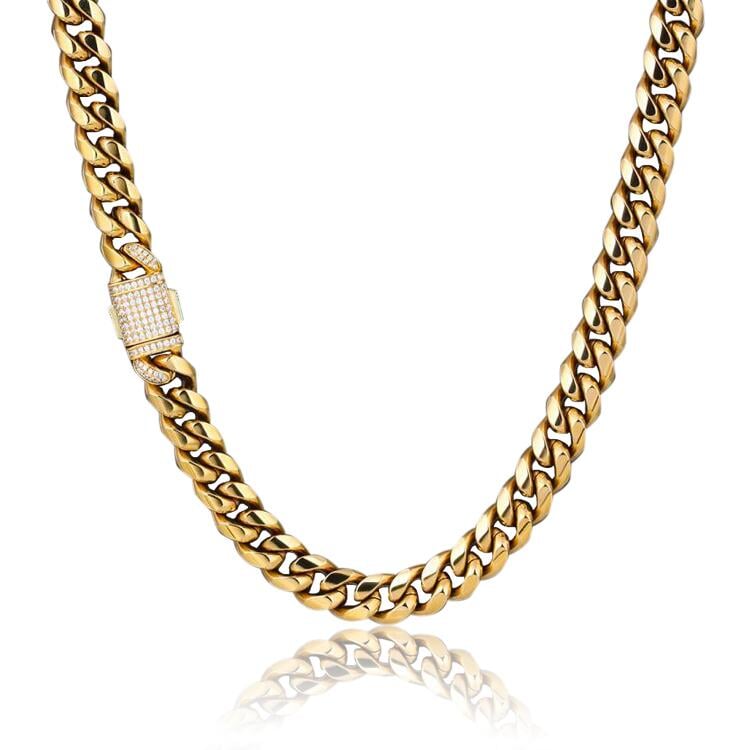 The Golden Nugget® - 12mm Iced Miami Cuban Link Chain 18K Gold Plated with CZ Clasp