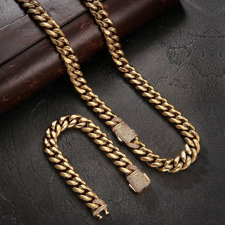 The Golden Nugget® - 12mm Iced Miami Cuban Link Chain 18K Gold Plated with CZ Clasp