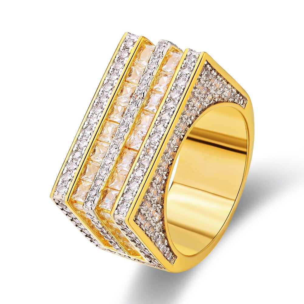 The Majesty II® - Double Rows Princess Cut CZ Diamond Mens Hip Hop Ring in 18K Gold
