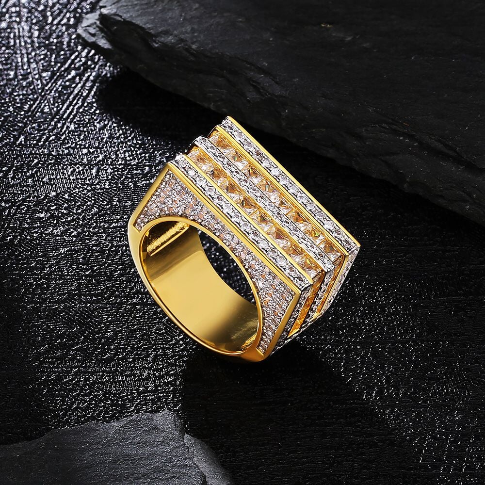 The Majesty II® - Double Rows Princess Cut CZ Diamond Mens Hip Hop Ring in 18K Gold