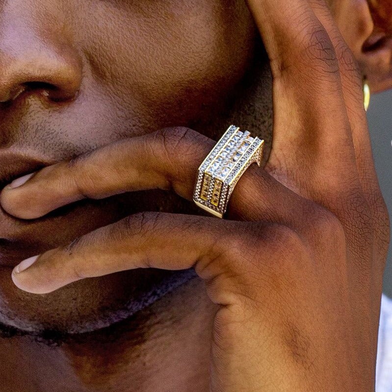 The Majesty II® - Double Rows Princess Cut CZ Diamond Mens Hip Hop Ring in 18K Gold