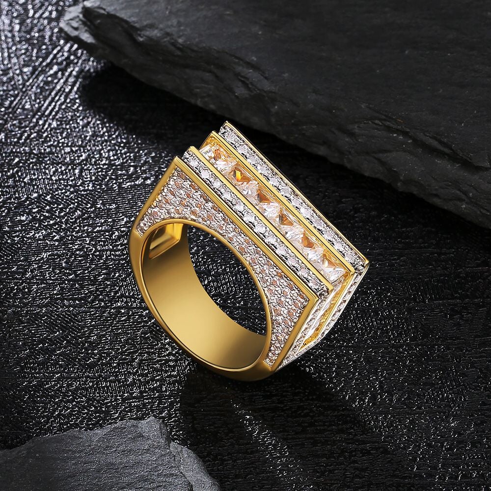 The Majesty® - Single Rows Princess Cut CZ Diamond Mens Hip Hop Ring in 18K Gold