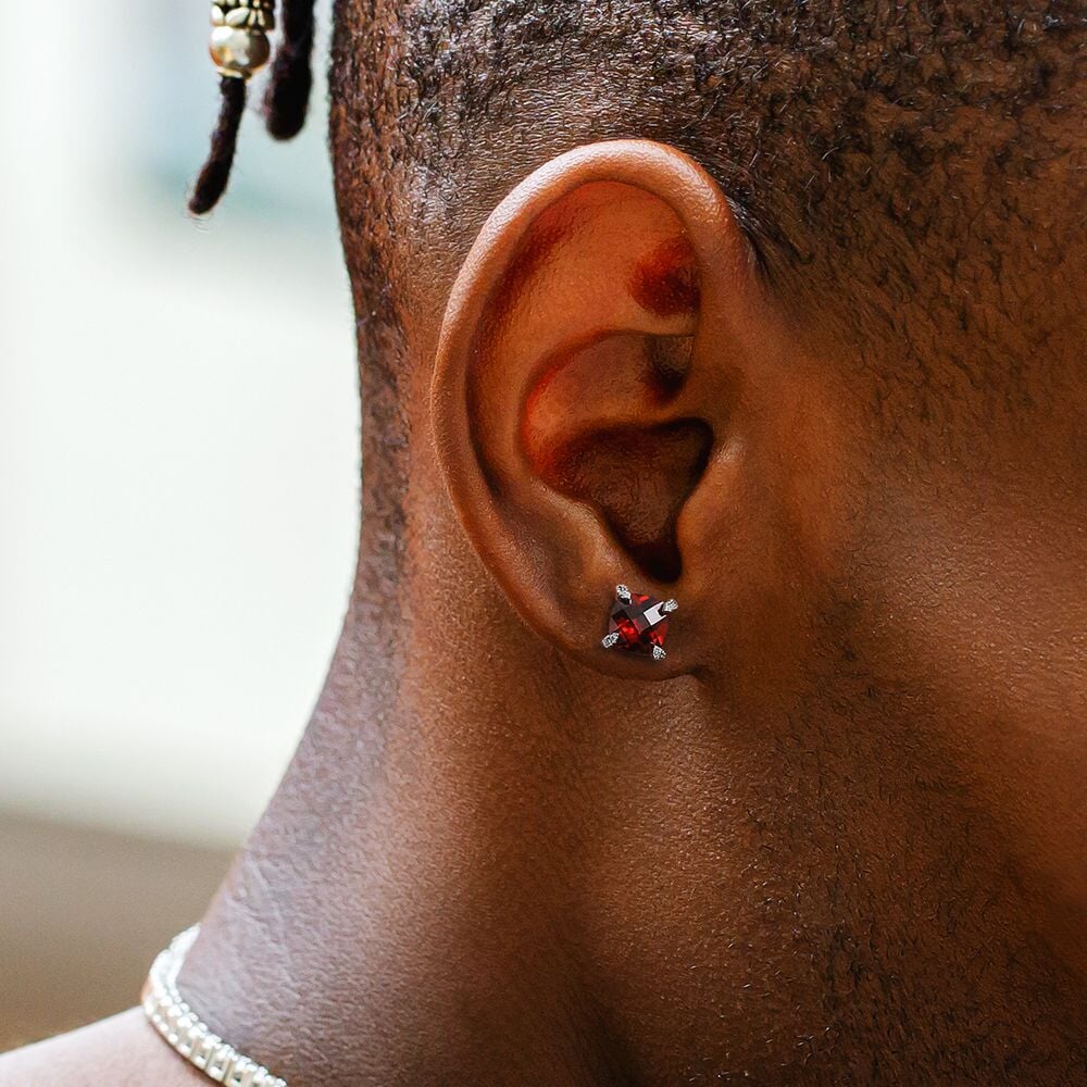 The Passion II® - 925 Sterling Silver Red Ruby Diamond Stud Earrings for Men