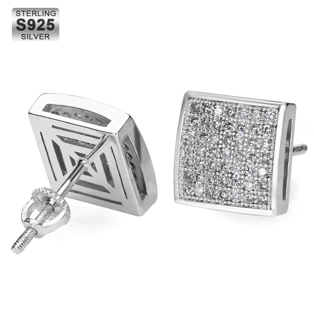 The Pride® - 925 Sterling Silver Iced Square Diamond CZ Stud Hip-Hop Mens Earrings Earrings White Gold S925