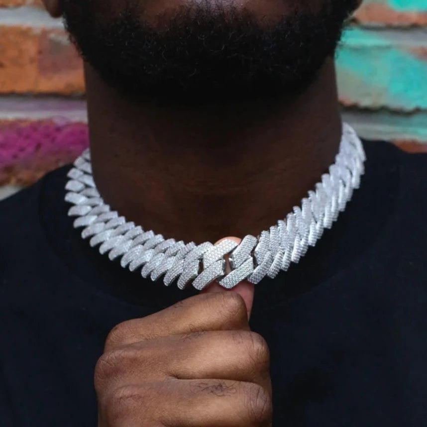 The Proud Moment II® - 20mm Iced Out 3 Row Diamond Prong Cuban Link Chain Choker in White Gold