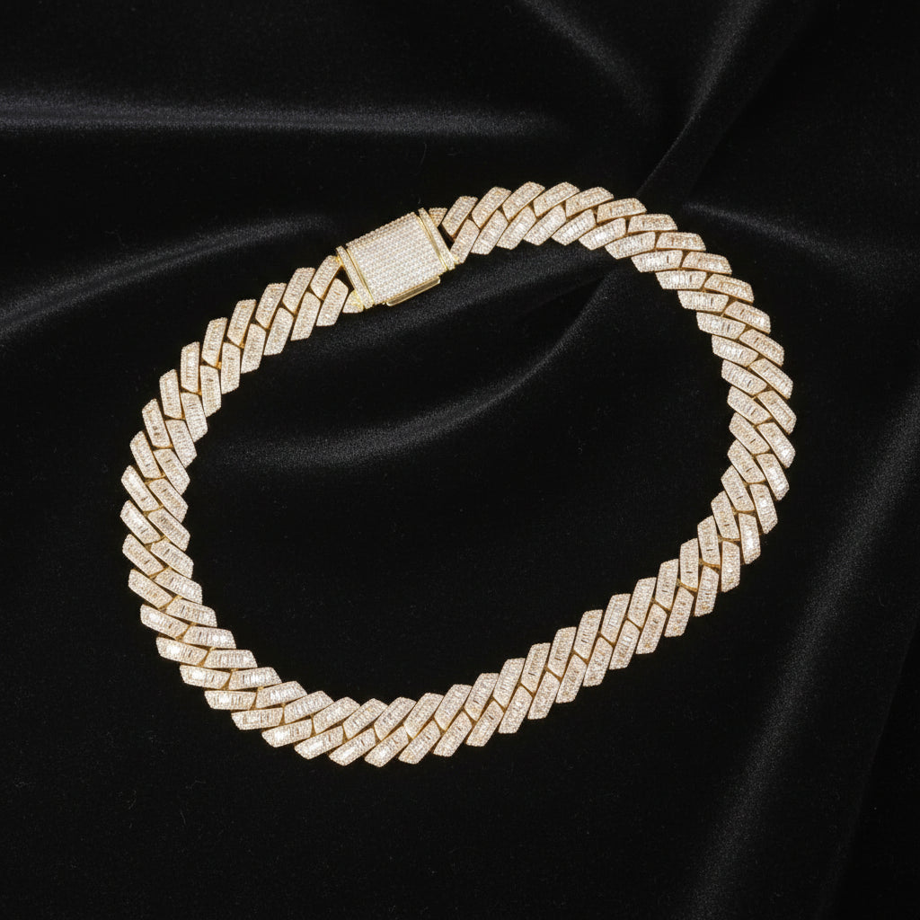 The Proud Moment® - 20mm Baguette Cut Moissanite Diamond Prong Cuban Link Chain in 14K Gold Necklaces