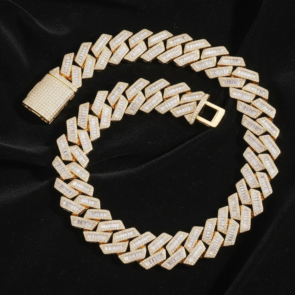 The Proud Moment® - 20mm Baguette Cut Moissanite Diamond Prong Cuban Link Chain in 14K Gold Necklaces