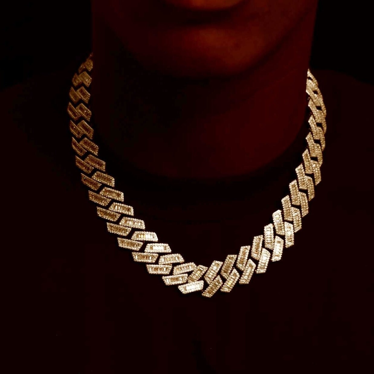 The Proud Moment® - 20mm Baguette Cut Moissanite Diamond Prong Cuban Link Chain in 14K Gold Necklaces