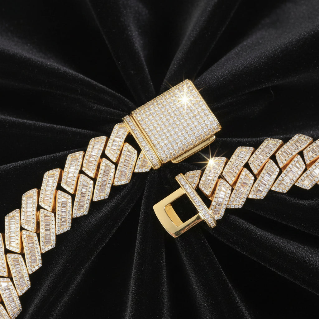 The Proud Moment® - 20mm Baguette Cut Moissanite Diamond Prong Cuban Link Chain in 14K Gold Necklaces