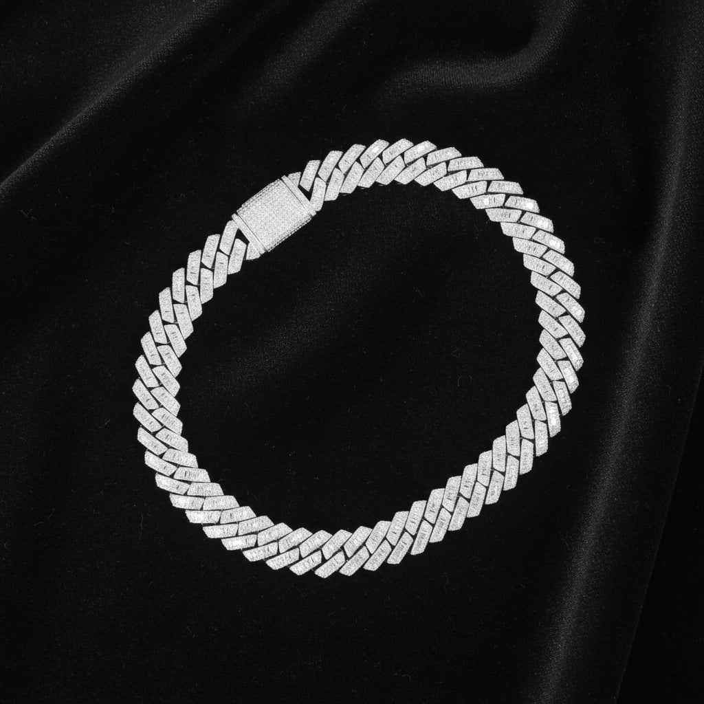 The Proud Moment® - 20mm Baguette Cut Moissanite Diamond Prong Cuban Link Chain in White Gold