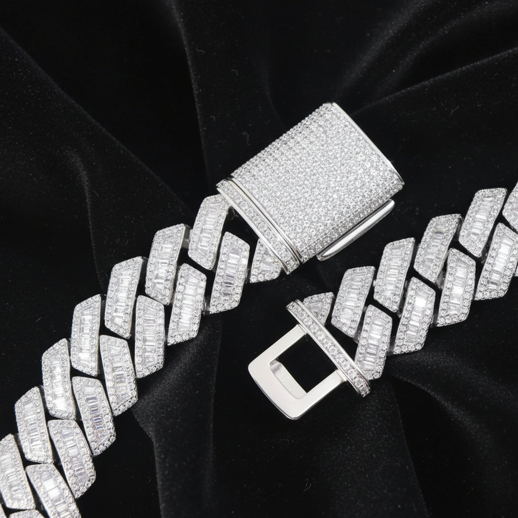 The Proud Moment® - 20mm Baguette Cut Moissanite Diamond Prong Cuban Link Chain in White Gold
