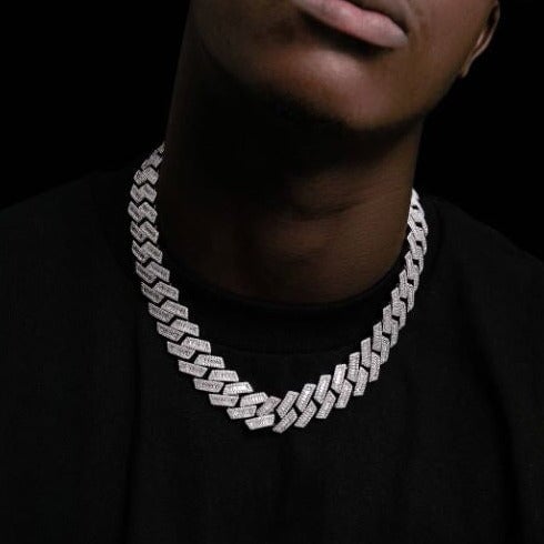 The Proud Moment® - 20mm Baguette Cut Moissanite Diamond Prong Cuban Link Chain in White Gold