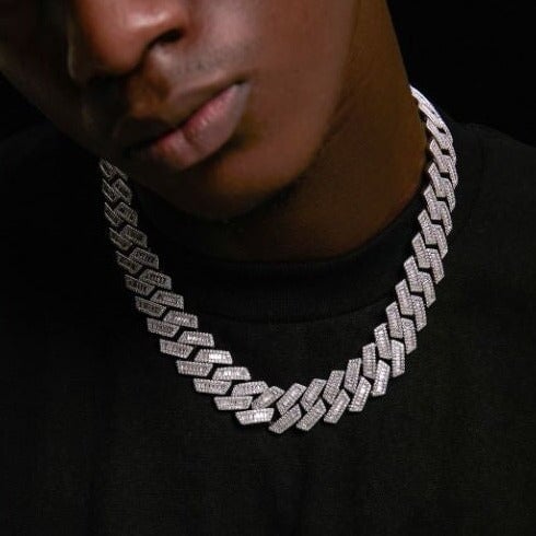 The Proud Moment® - 20mm Baguette Cut Moissanite Diamond Prong Cuban Link Chain in White Gold