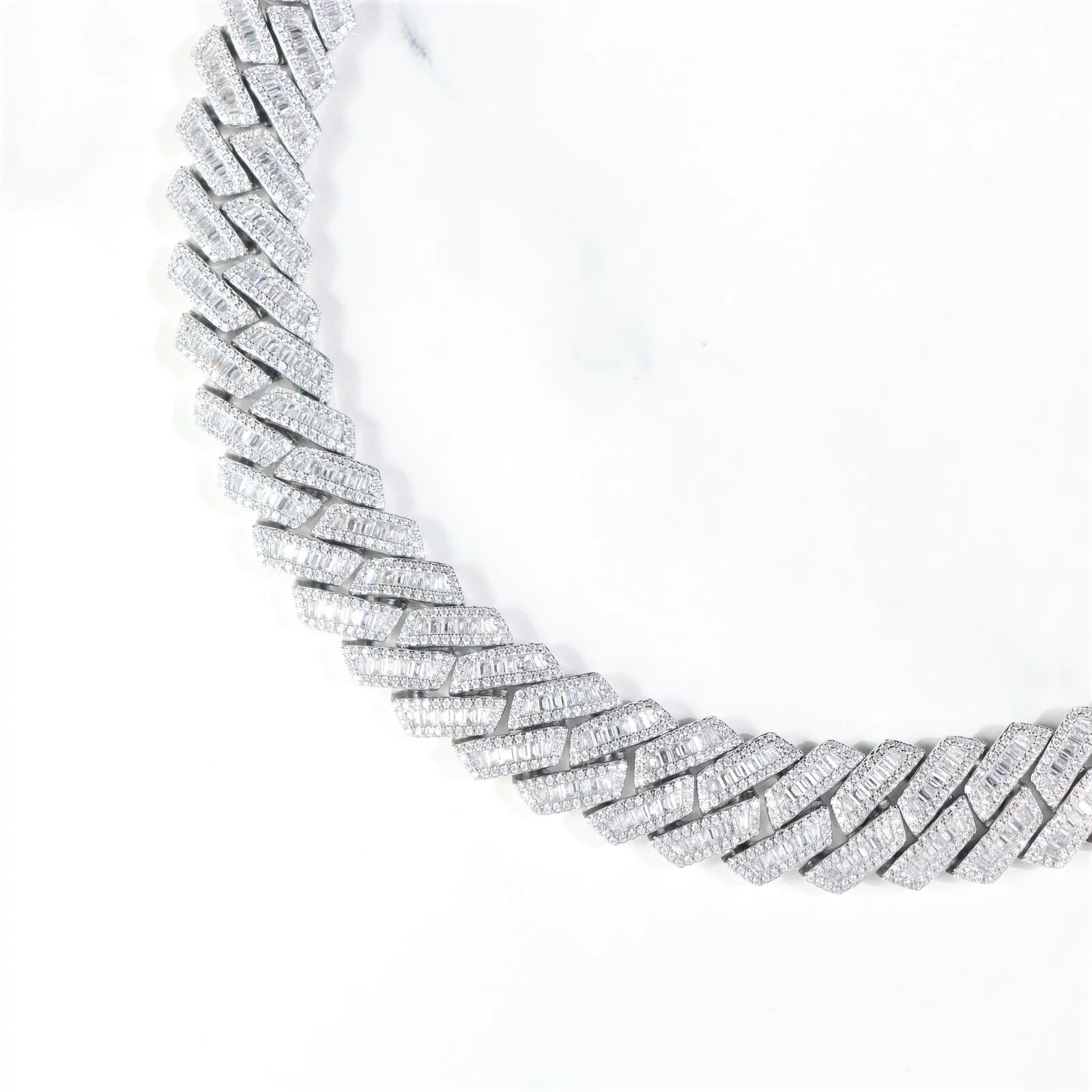 The Proud Moment® - 20mm Baguette Cut Moissanite Diamond Prong Cuban Link Chain in White Gold