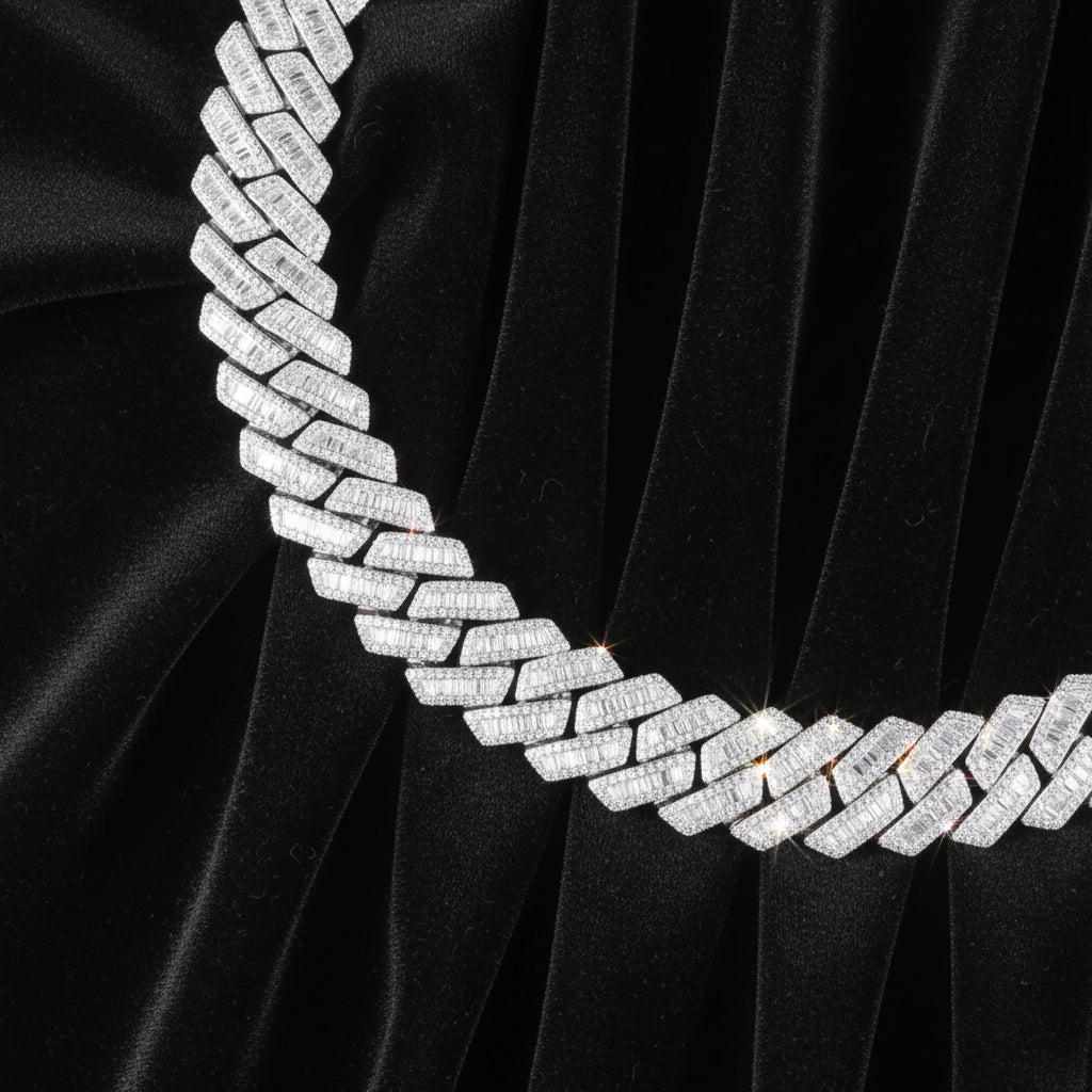 The Proud Moment® - 20mm Baguette Cut Moissanite Diamond Prong Cuban Link Chain in White Gold
