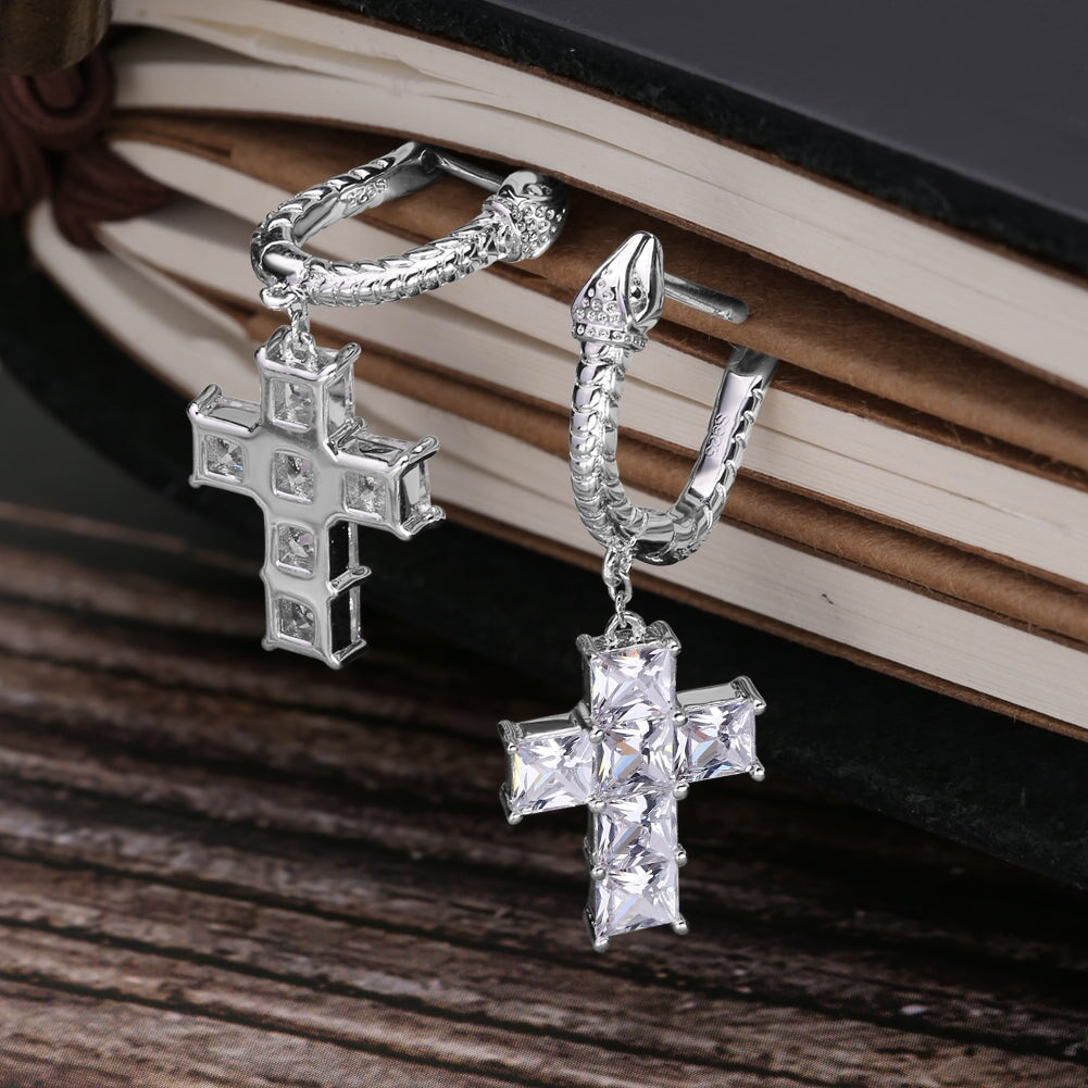 The Serpent ® - Diamond Snake Hoop Hanging Cross Earrings in White Gold Earrings