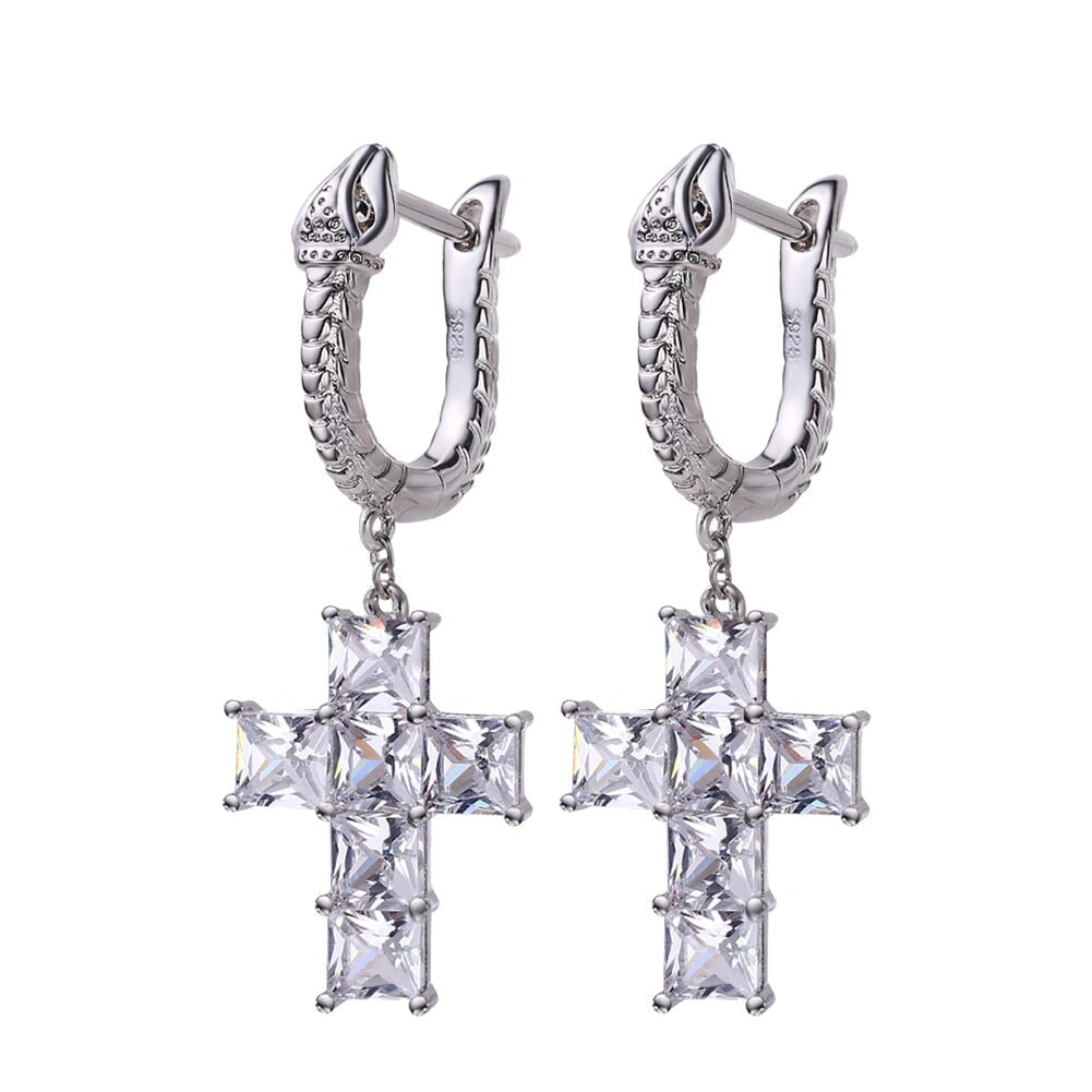 The Serpent ® - Diamond Snake Hoop Hanging Cross Earrings in White Gold Earrings