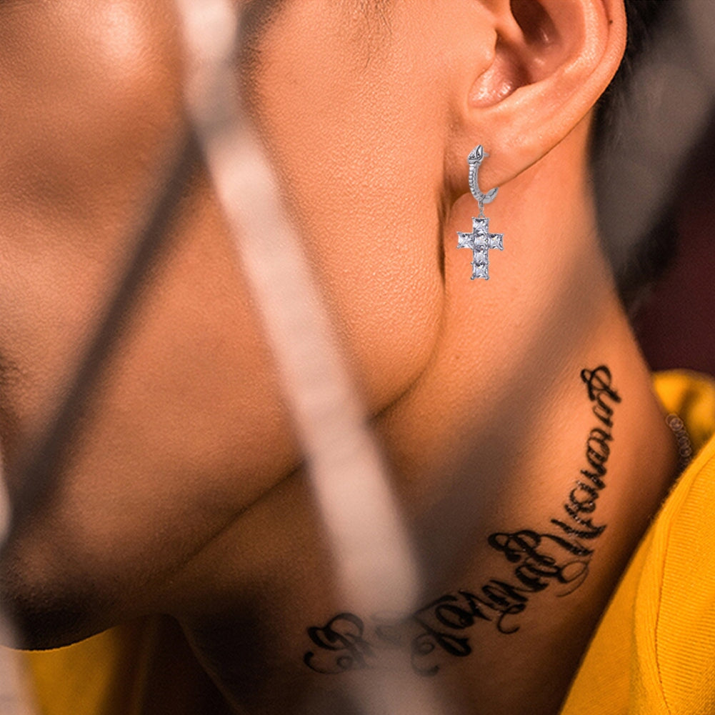 The Serpent ® - Diamond Snake Hoop Hanging Cross Earrings in White Gold Earrings