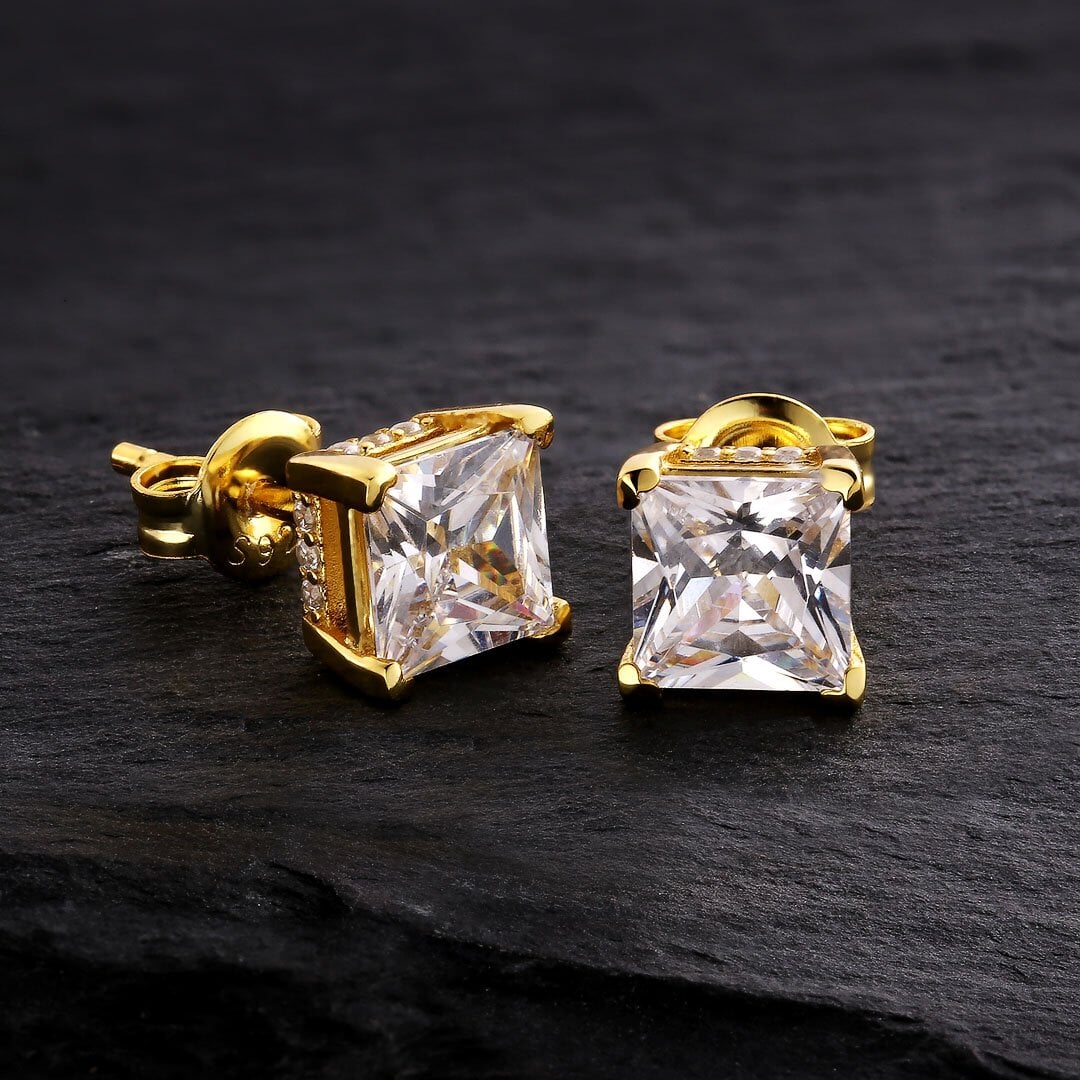 The Shining Stud® - 925 Sterling Silver Diamond Square Stud Earrings in 18K Gold Earrings
