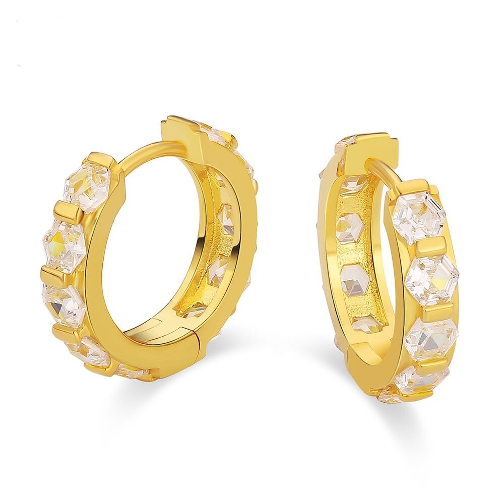The Sparkling Circle® - 925 Sterling Silver Hexagon Diamond Hoop Earrings in 14K Gold Earrings 14K Gold S925