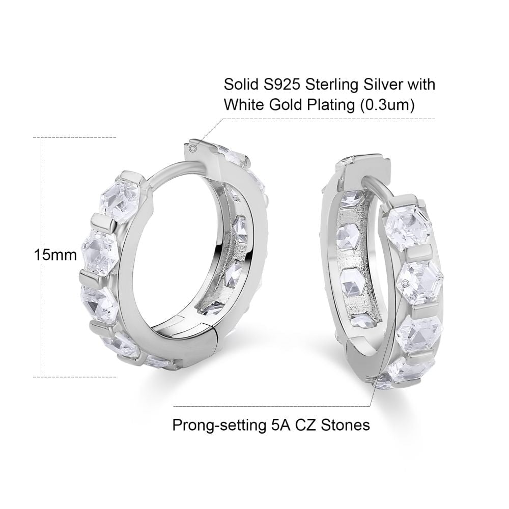The Sparkling Circle® - 925 Sterling Silver Hexagon Diamond Hoop Earrings in White Gold Earrings