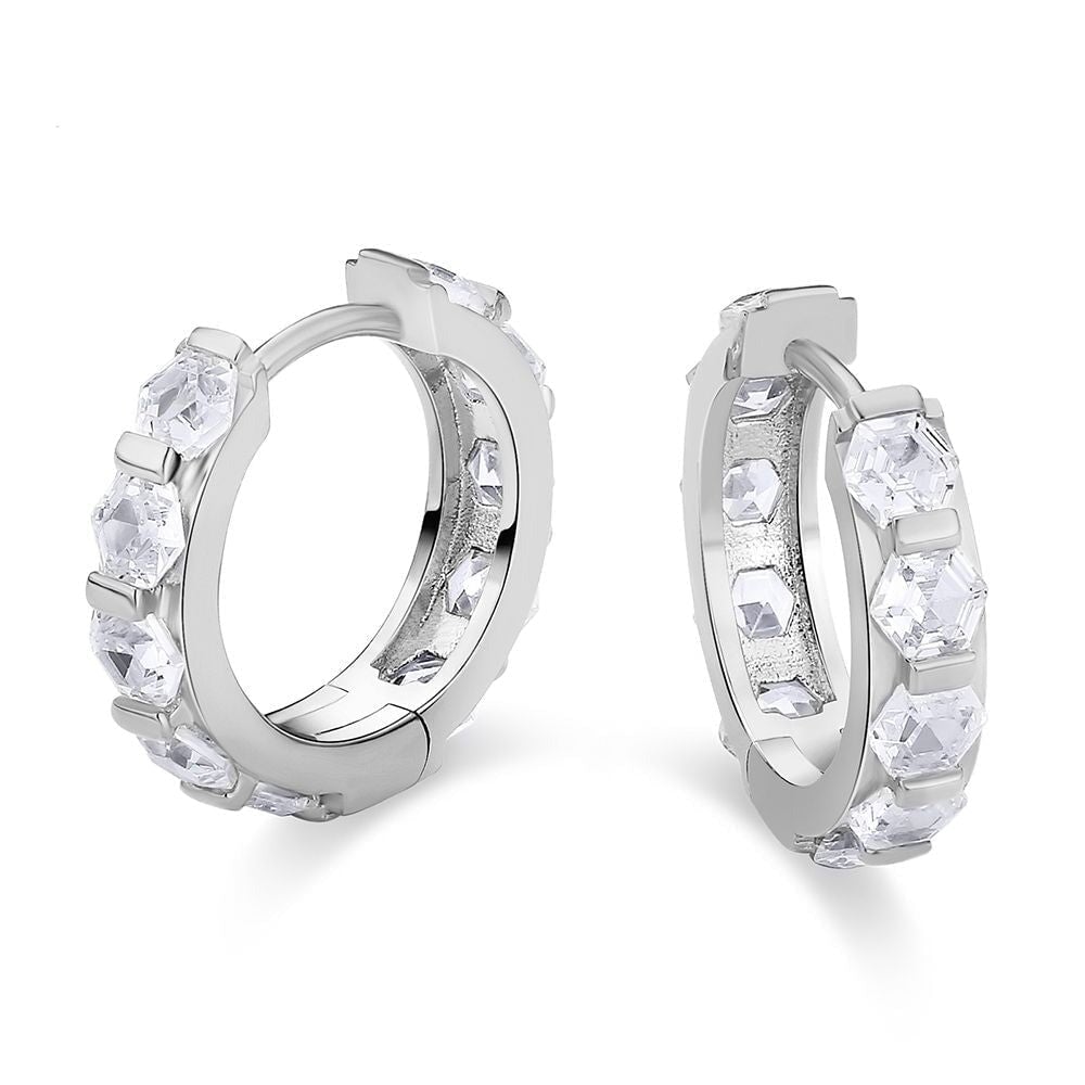 The Sparkling Circle® - 925 Sterling Silver Hexagon Diamond Hoop Earrings in White Gold Earrings