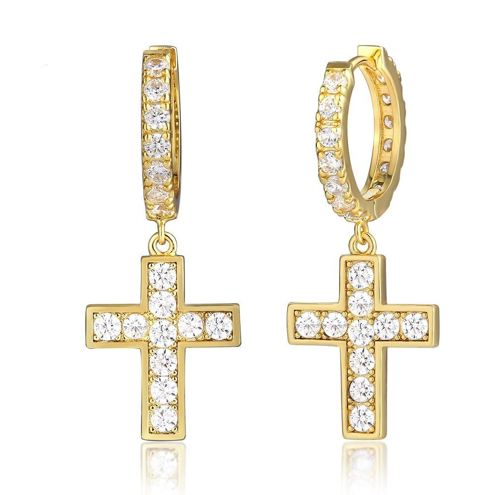 The Valor® - 925 Sterling Silver Diamond Hoop Earrings with Diamond Hanging Cross 14K Gold S925