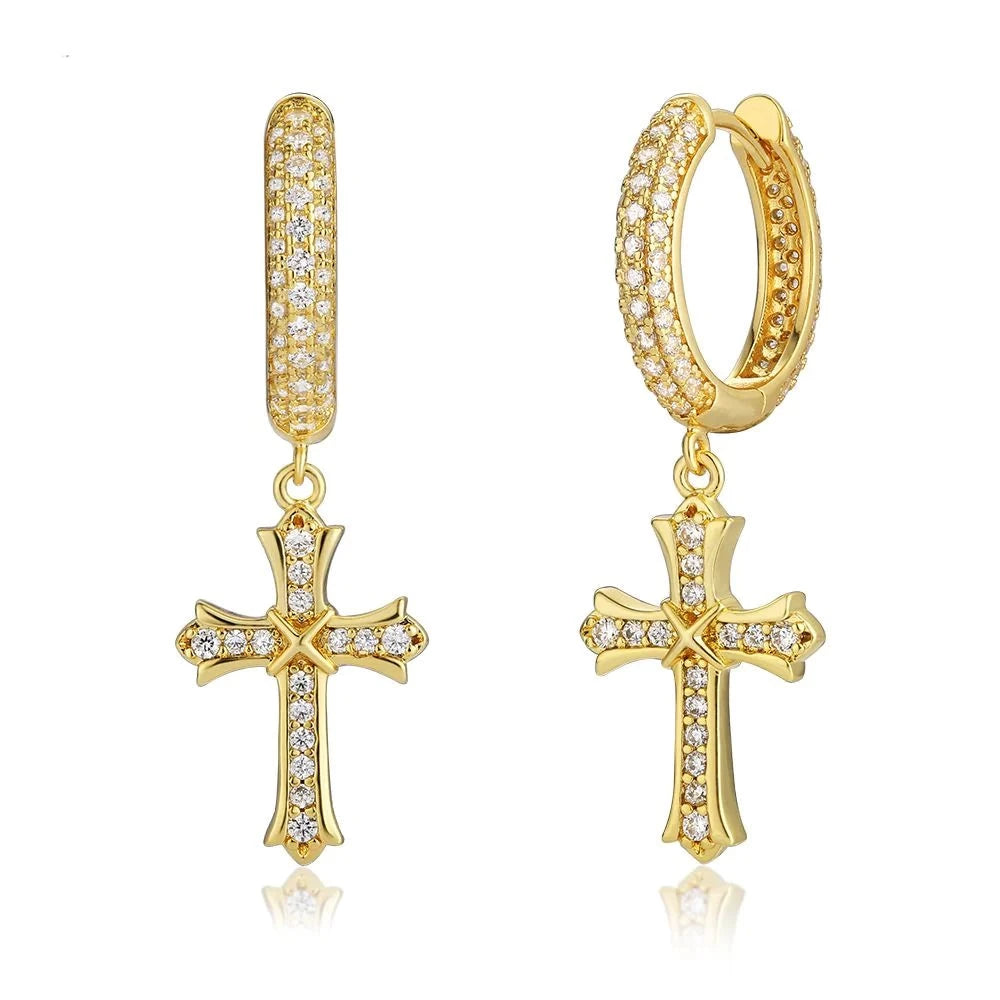 The Wisdom Ⅱ® -925 Sterling Silver Diamond Iced Out Hoop Dangle Iris Cross Earrings Earrings 14K Gold S925