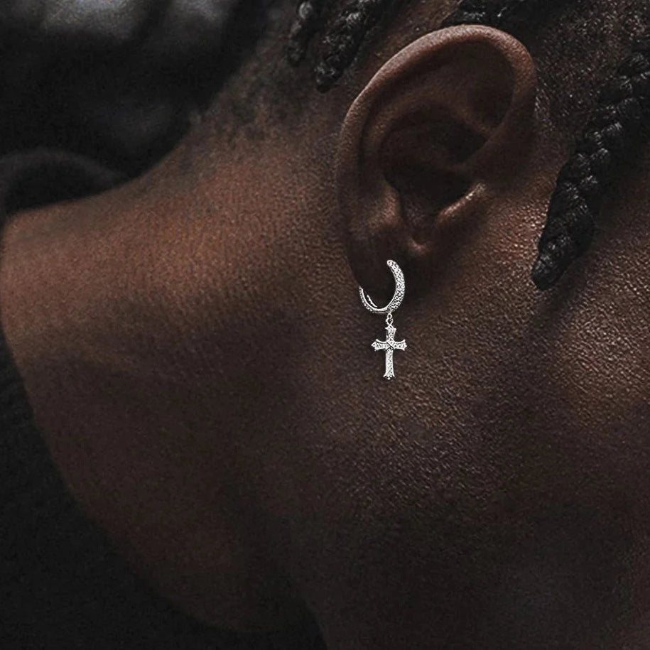 The Wisdom Ⅱ® -925 Sterling Silver Diamond Iced Out Hoop Dangle Iris Cross Earrings Earrings