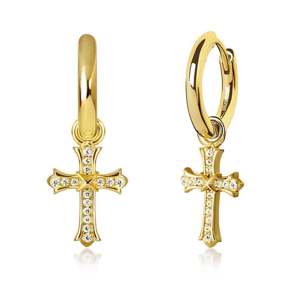 The Wisdom® -925 Sterling Silver Diamond Iced Out Hoop Dangle Iris Cross Mens Earrings Earrings 14K Gold S925