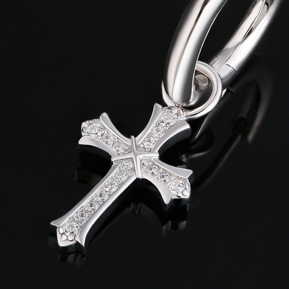 The Wisdom® -925 Sterling Silver Diamond Iced Out Hoop Dangle Iris Cross Mens Earrings Earrings