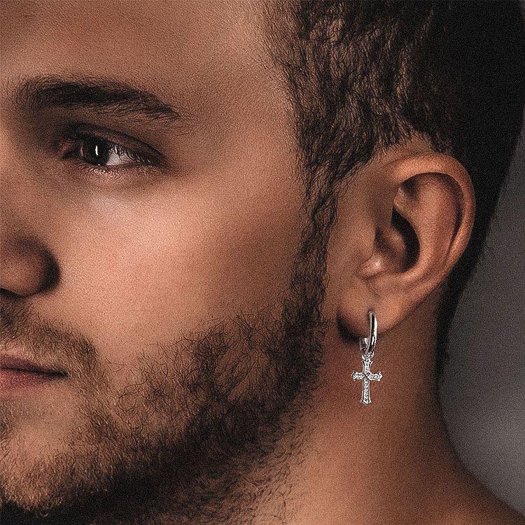 The Wisdom® -925 Sterling Silver Diamond Iced Out Hoop Dangle Iris Cross Mens Earrings Earrings