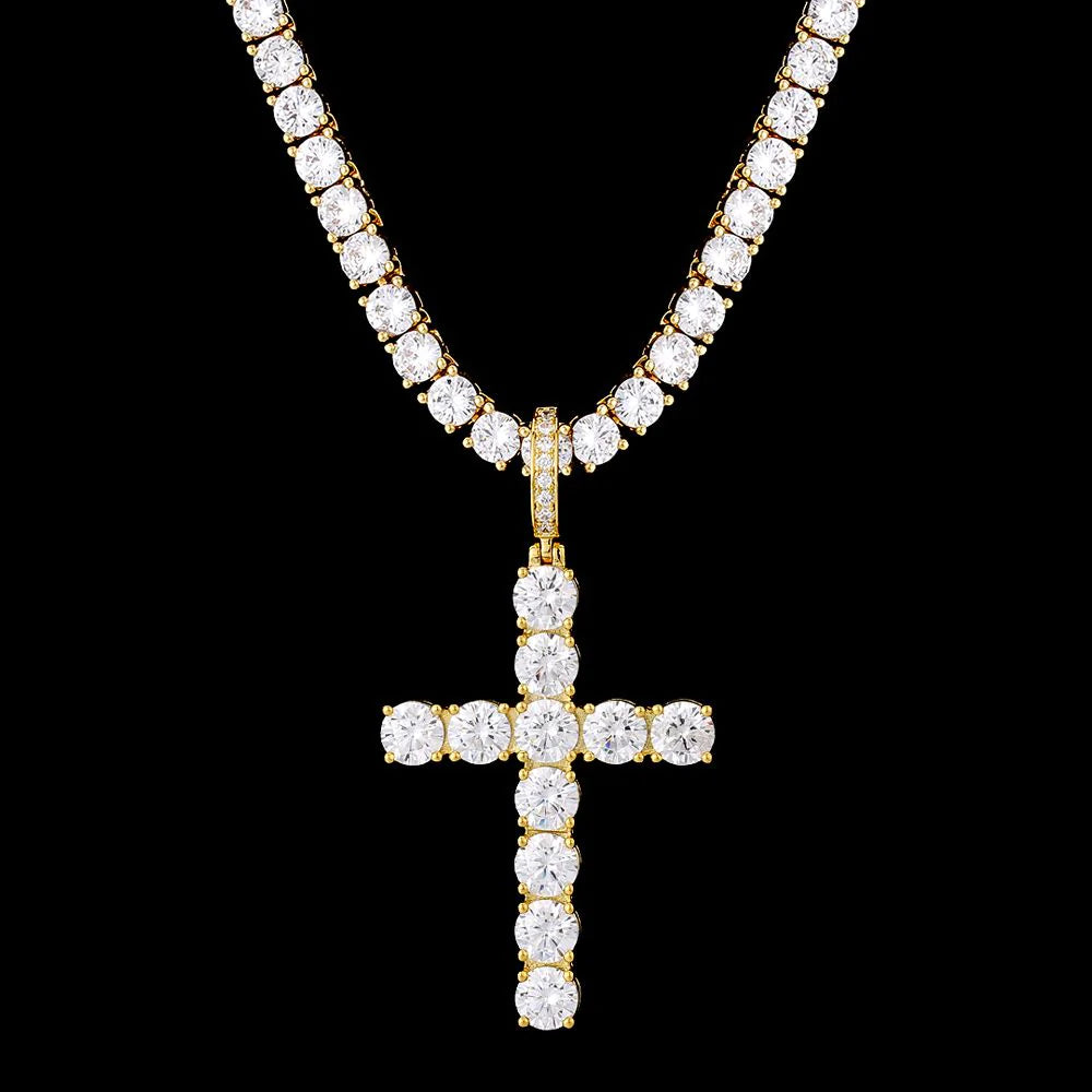 VVS Moissanite Solid Silver Cross Pendant in 14K Gold