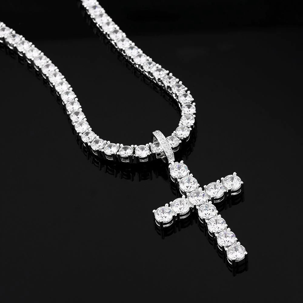 VVS Moissanite Solid Silver Cross Pendant in White Gold